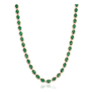 VRJewels 22.13Ct Emerald & 4.61Ct Diamond Tennis Necklace 18k Yellow Gold 17 Inches For Sale