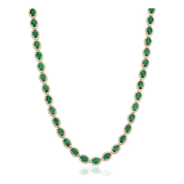 VRJewels 22.13Ct Emerald & 4.61Ct Diamond Tennis Necklace 18k Yellow Gold 17 Inches For Sale