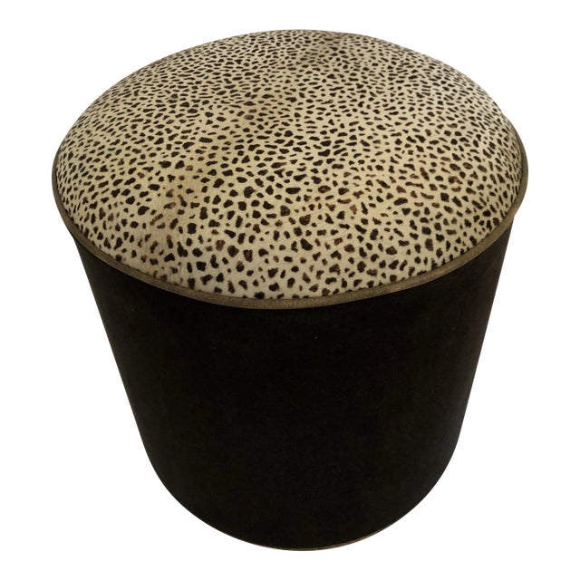 Custom Made Drum Ottoman in Cowhide Cheetah Print & Velour For Sale