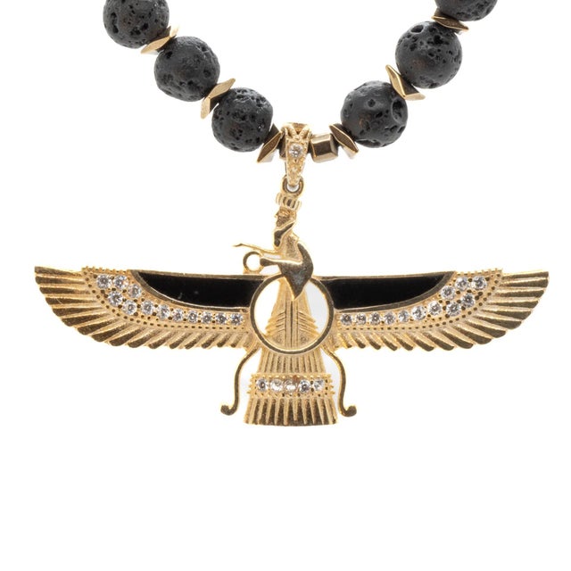 Guidance Faravahar Symbol Pendant Black Beaded Necklace For Sale - Image 9 of 11