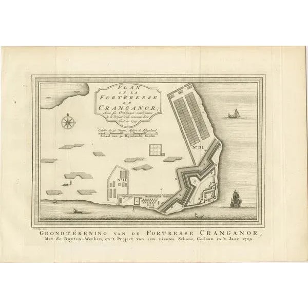Antique print titled 'Grondtekening van de Fortresse Cranganor, met de buyten-werken, en 't Project van een nieuwe Schans,...