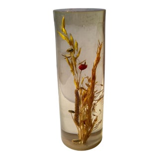 Vintage Lucite Floral Cylinder Paperweight Sculpture For Sale