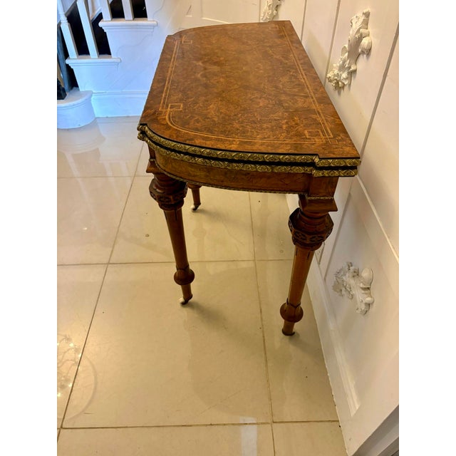 Antique Victorian Burr Walnut Card Console Table with Ormolu Mounts and Inlay, 1850 For Sale - Image 10 of 17