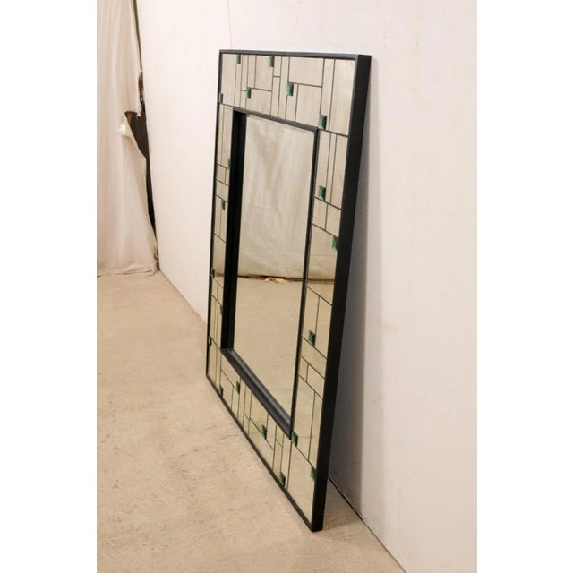 Glass Vintage Mirror With Geometric Mirror Border and Green Colored Accents For Sale - Image 7 of 11