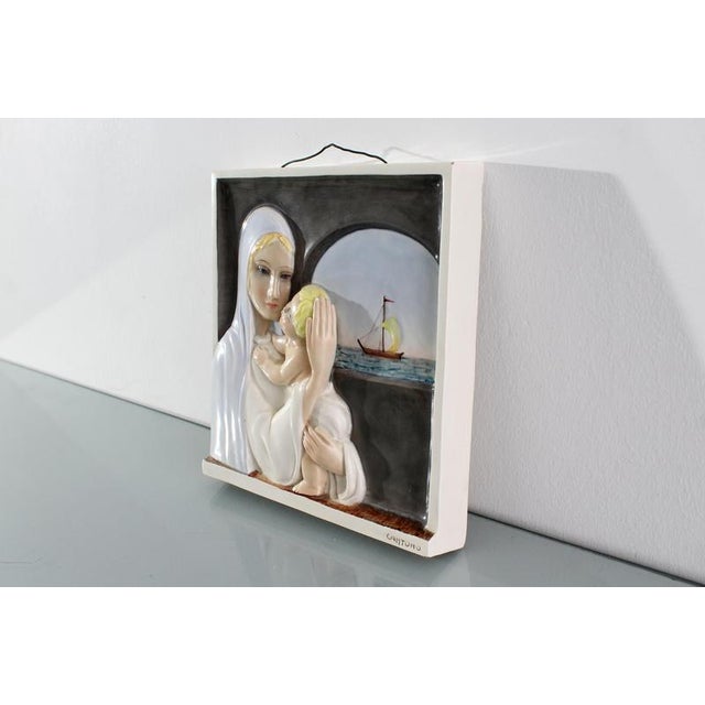 Madonna del Navigatore on Glazed Ceramic Bas-Relief by Igni Torino, Italy, 1940s For Sale - Image 4 of 11