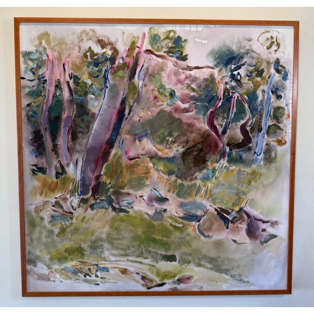 Offered is a striking large-scale abstract landscape painting by Maryanne Harman, titled Toward Kendalls, dated 1987...