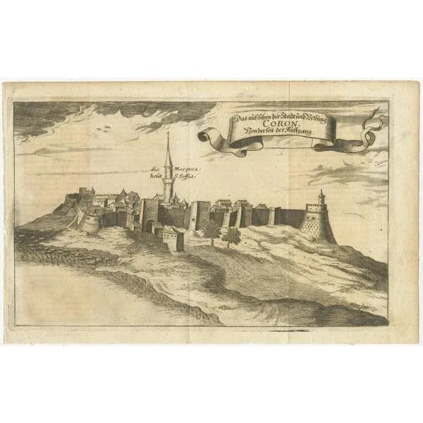 Antique print titled 'Das Aussehen der Stadt und Vestung Coron von der Seit des Auffgang'. Copper engraving of Koroni (or...