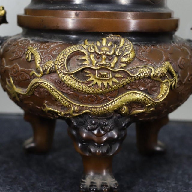 Large Vintage Gilt Bronze Tripod Censer With Dragon and Beast Motifs For Sale - Image 9 of 10