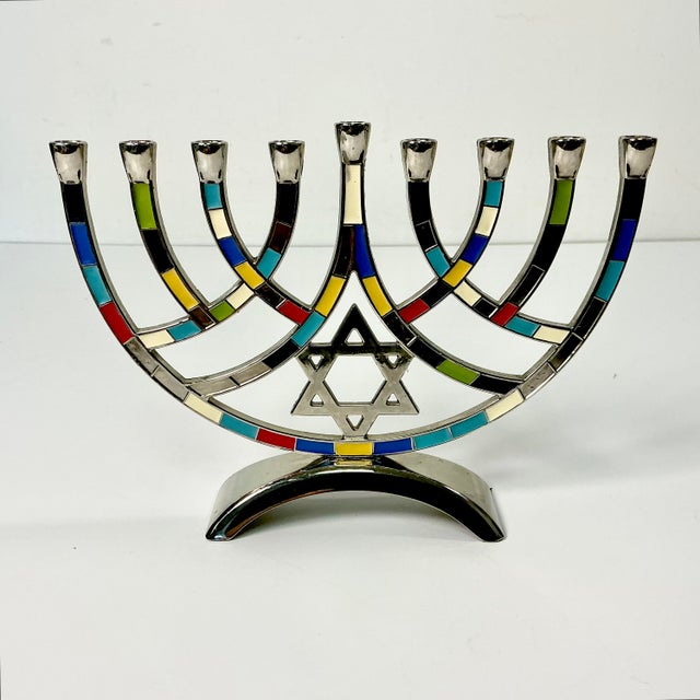 1980s Vintage Contemporary Postmodern Hollywood Regency Enamel and Chrome Menorah For Sale - Image 4 of 13