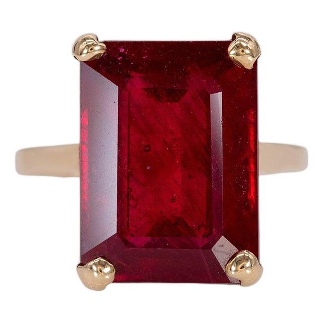 Estate 13.9Ct Madagascar Ruby Ring: Solid 10k Gold – Emerald Cut, Size 6.75 For Sale