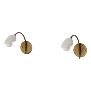 Italian Curved Brass and Opaline Glass Sconces, 1950s, Set of 2 For Sale