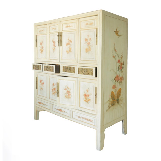 Chinese Large Chinese 20th Century Cabinet With Hand Carved and Hand Painted Floral Panels For Sale - Image 3 of 9