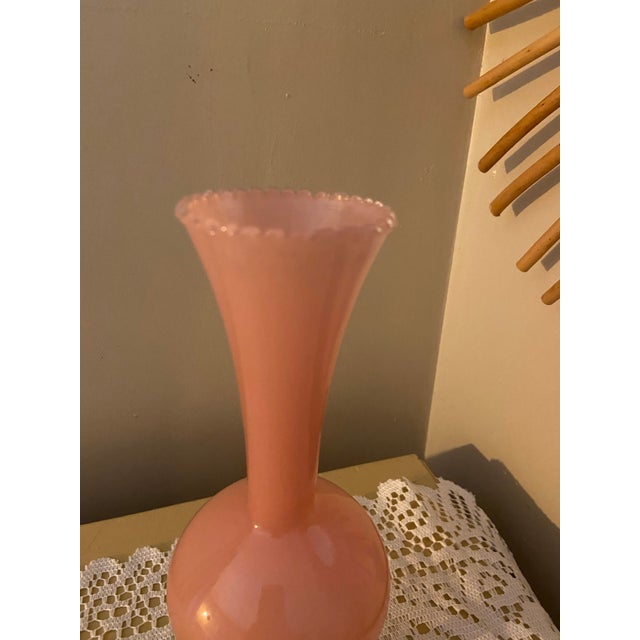 Vintage Italian-Style Pink Opaline Glass Trumpet Vase With Iridescent Pedestal For Sale - Image 4 of 9
