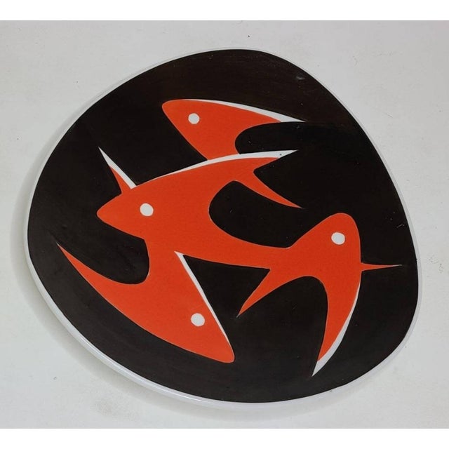 Zsolnay 1970s János Török for Zsolnay Hand Painted Ceramic Art Black and Red Fish Plate, Hungarian Artist For Sale - Image 4 of 11