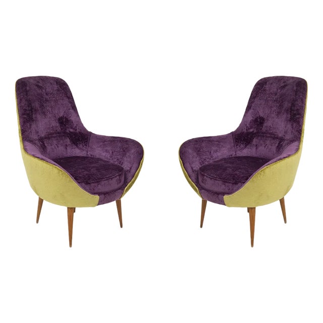 Set of Vintage Wooden Armchairs in Purple and Green Velvet For Sale