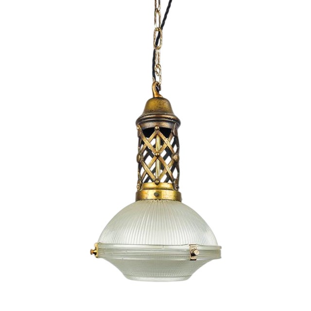 Antique French 2 Part Glass Holophane Pendant Light, 1920s For Sale
