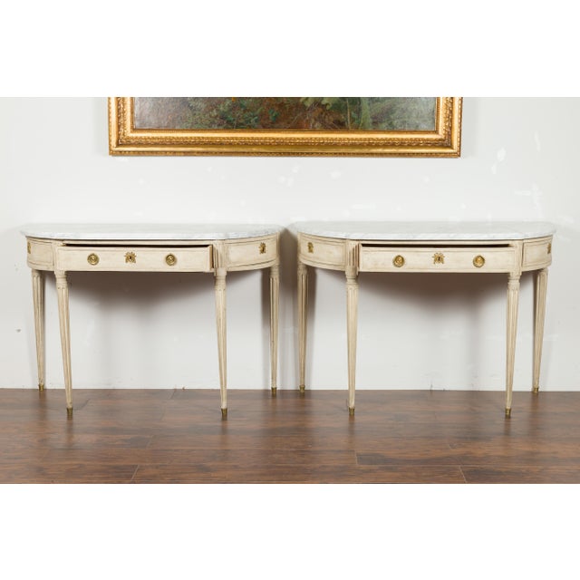 Pair of French 19th Century Neoclassical Style Demilune Tables with Marble Tops For Sale - Image 12 of 12