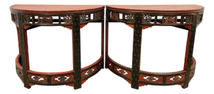 19th Century Antique Chinese Carved Redlacquered Half Moon Tables, Set