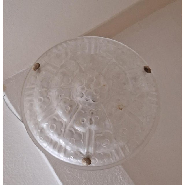Goldenrod Art Deco French Ceiling Lamp with Matt Pressed Glass Lampshade with Floral Decoration on Brass Mount by Degue, 1930s For Sale - Image 8 of 10