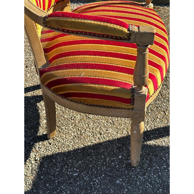Louis XVI Cabriolet Armchair in Patinated Wood and Striped Velvet For Sale - Image 11 of 15