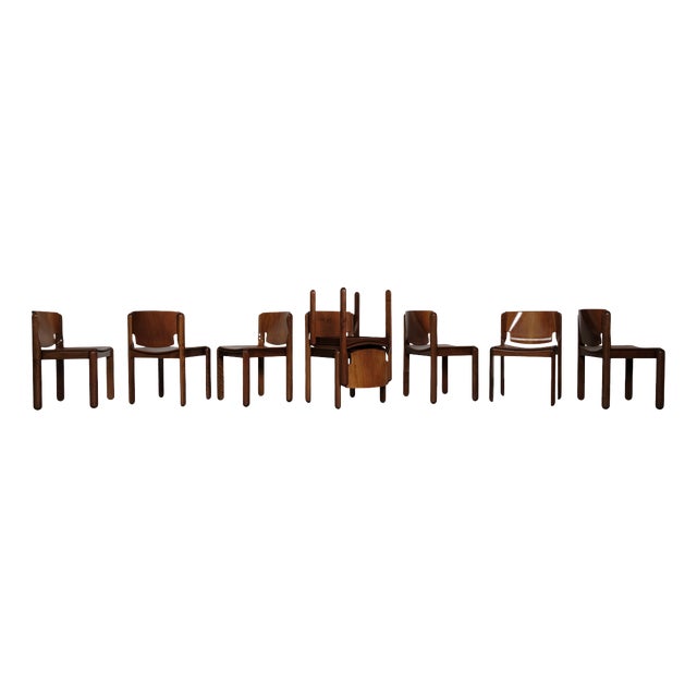 Vintage Model 122 Dining Chairs in Walnut by Vico Magistretti for Cassina, 1968, Set of 8 For Sale