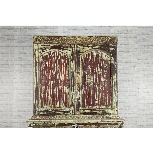 Early 21st Century Indian Rustic Painted Wood Cabinet with Carved Foliage & Distressed Patina For Sale - Image 5 of 12