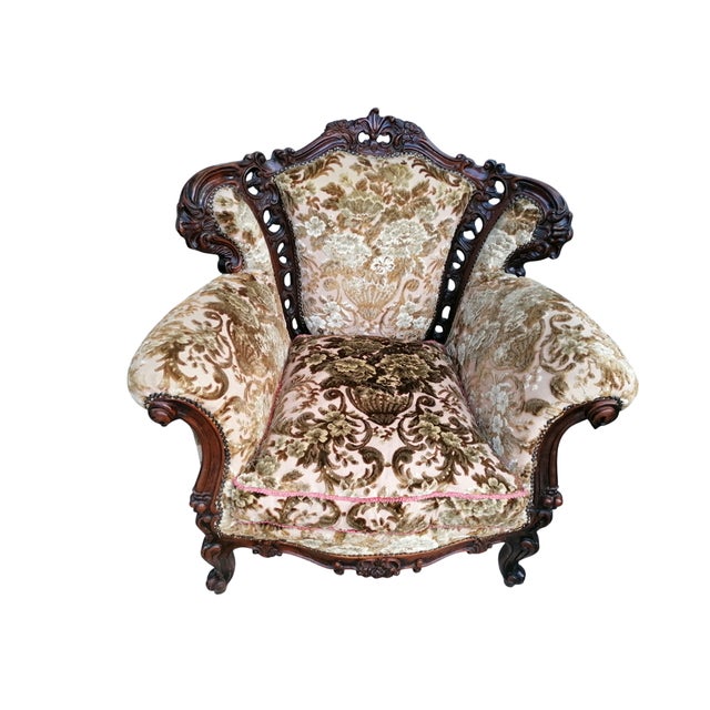 Piedmontese Baroque Style Sofa and Armchairs in Hand-Carved Wood and Damask Velvet, 1950s, Set of 3 For Sale - Image 11 of 12