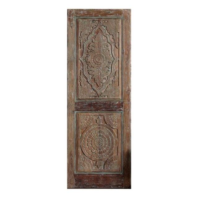 Antique Floral Carved Door in Blue Hues | Hand-Carved Sliding or Hinged Barn Door For Sale
