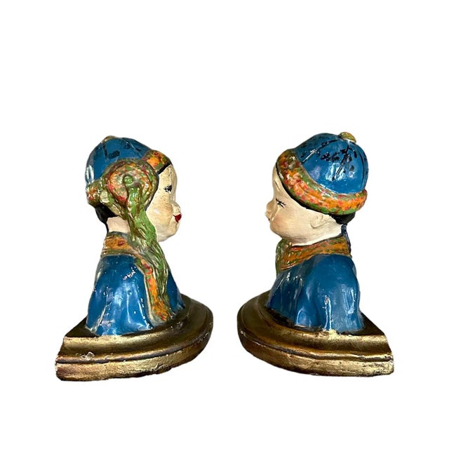 Antique Chinoiserie Hand Painted Polychrome Chalkware Bust Bookends, a Pair, Esther Hunt Attributed, Circa 1930 For Sale In Dallas - Image 6 of 8