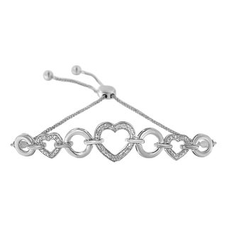 .925 Sterling Silver Diamond Accent Interlinking Triple Heart 4”-10” Adjustable Bolo Tennis Bracelet (H-I Color, I2-I3 Clarity) For Sale