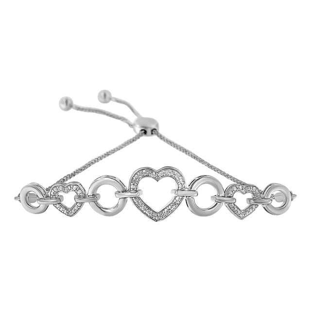 .925 Sterling Silver Diamond Accent Interlinking Triple Heart 4”-10” Adjustable Bolo Tennis Bracelet (H-I Color, I2-I3 Clarity) For Sale