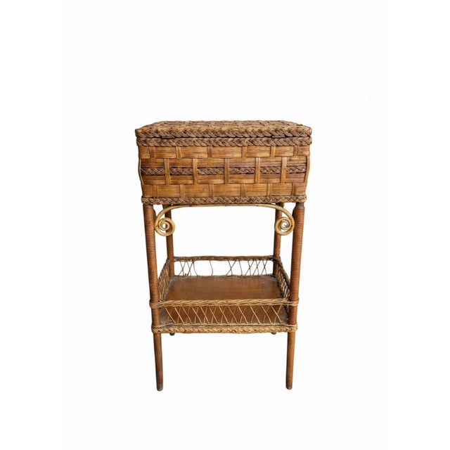 1900s Antique Heywood Brothers & Wakefield Co. Wicker Sewing Basket Stand For Sale - Image 10 of 10