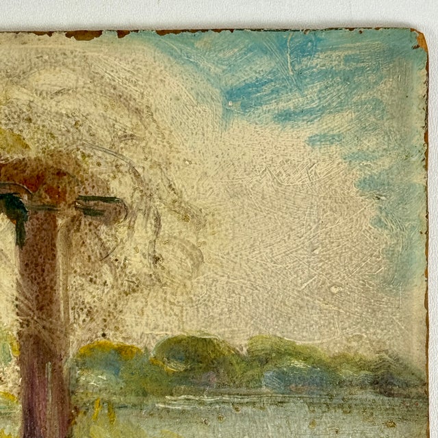 Early 20th Century Joyous Original O/B Post Impressionist Painting of Scenic River Scene With Vine Covered Pergola For Sale - Image 9 of 10