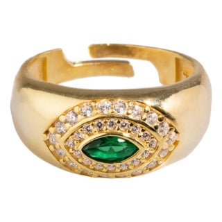 Emerald & Diamond Gold Vermeil Statement Ring, Size 8 For Sale