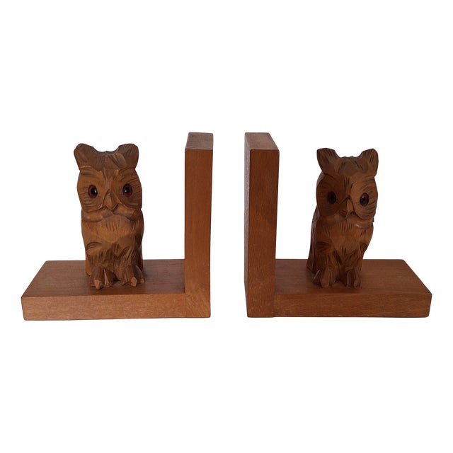 Vintage Bookends with Beechwood Angles and Carved Maple Owls, 1960s, Set of 2 For Sale