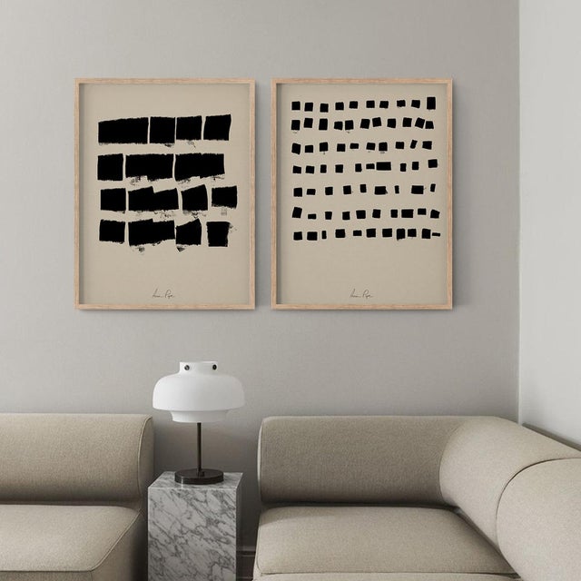 Set of 2 abstract open edition giclee prints. 20"x28" Elegant black line geometrical forms drawing on beige background....