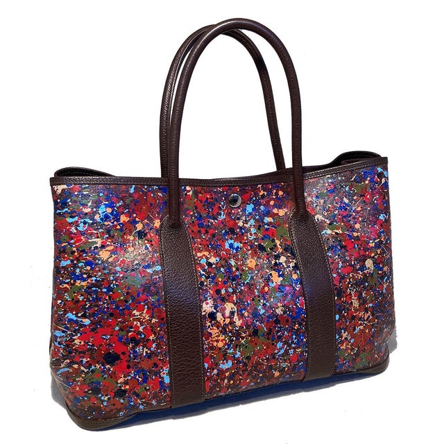 Hermes Pointillism Hand Painted Garden Party 35 Tote For Sale - Image 11 of 12