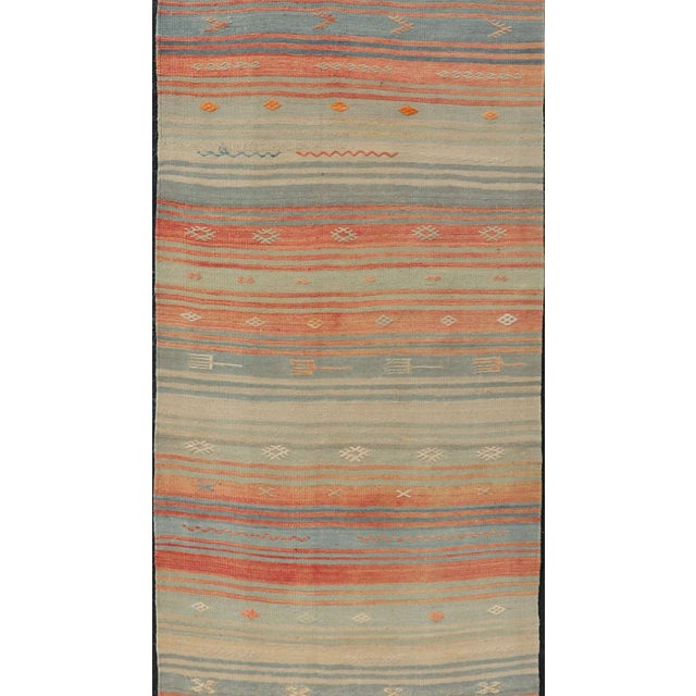 Vintage Turkish Kilim Runner in Coral, Blue and Beige Striped Design 2'10" X 11'6" For Sale - Image 10 of 10