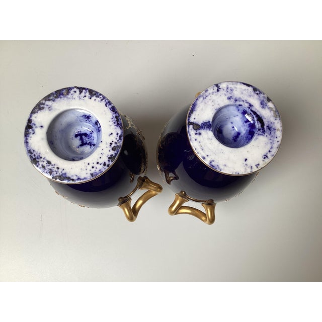 Violet A Diminutive Pair of Cobalt and Gilt Porcelain Neoclassical Cabinet Vases For Sale - Image 8 of 8