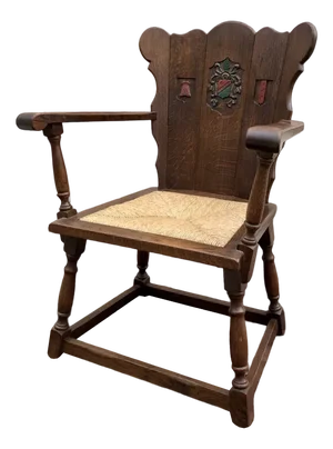 Vintage Dutch Heraldic Coat of Arms Armchair in Oak with Woven Seat