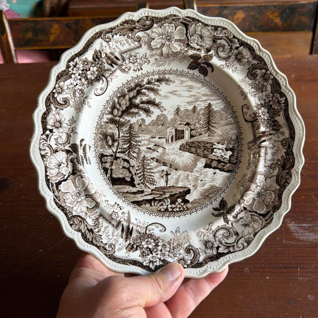 Antique Brown Transferware Staffordshire Plate, "Baker's Falls, Hudson River" For Sale - Image 14 of 14