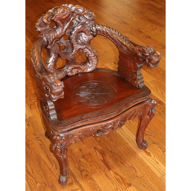 Antique Late 19th Century Meiji Japanese Dragon Carved Chair Dimensions : 26" Wide X 18" Deep X 32.5" Tall Arm height -...