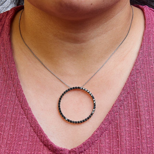 .925 Sterling Silver 3.0 Cttw Black Diamond Open Hoop Circle 18" Pendant Necklace (Black Color, I2-I For Sale - Image 4 of 5