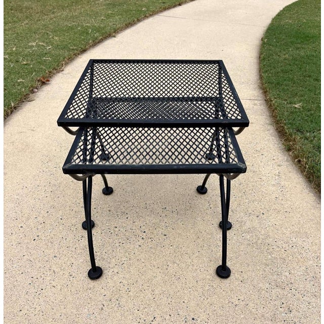 set of two woodard nesting tables. freshly sanded and painted stamped woodard larger table is 19.5 by 19.5 by 16 tall...