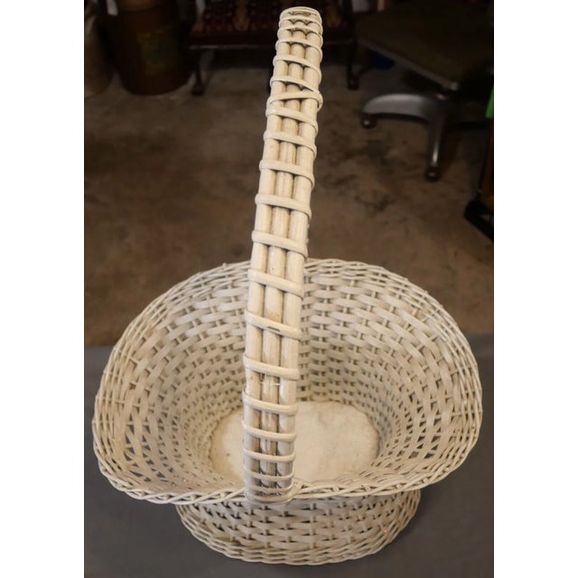 Circa 1920 French Country Style Gesso Barbola Rose Motif White Painted Wicker Floral Bouquet Presentation Basket For Sale - Image 4 of 5