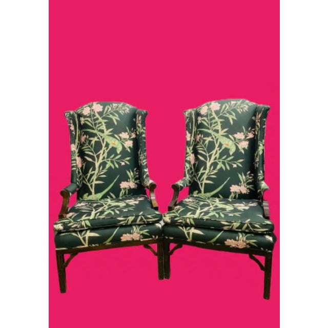 Early 21st Century Vintage Chinoiserie Wingback Chair With New Tropical Upholstery. For Sale - Image 5 of 11