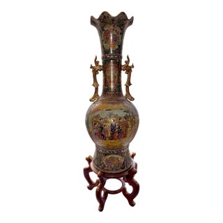 1980s Monumental Chinese Satsuma Rose Porcelain Floor Vase With Court Scene & Gilt Handles on Stand For Sale