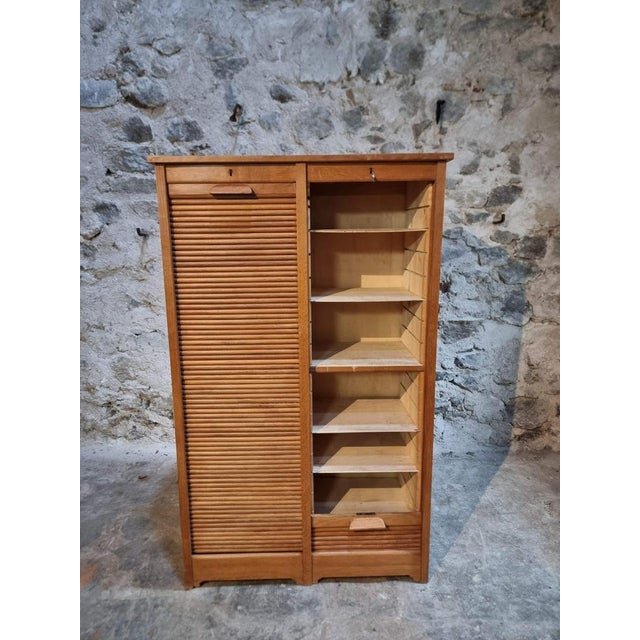 Vintage French Tambour Cabinet in Oak, 1960s For Sale - Image 10 of 18