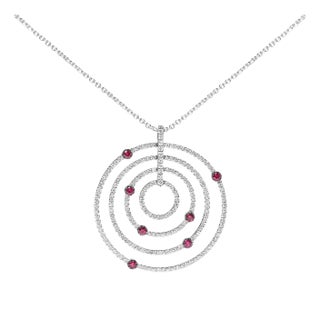 18K White Gold 2 1/6 Cttw Pave Set Diamonds and Red Ruby Openwork Circles 18" Pendant Necklace - Adj For Sale