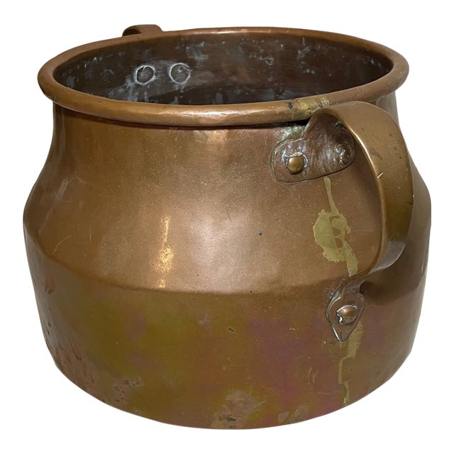 Large Antique 1800's Handmade Dovetailed Thick Copper Handle Cooking Pot Jug For Sale